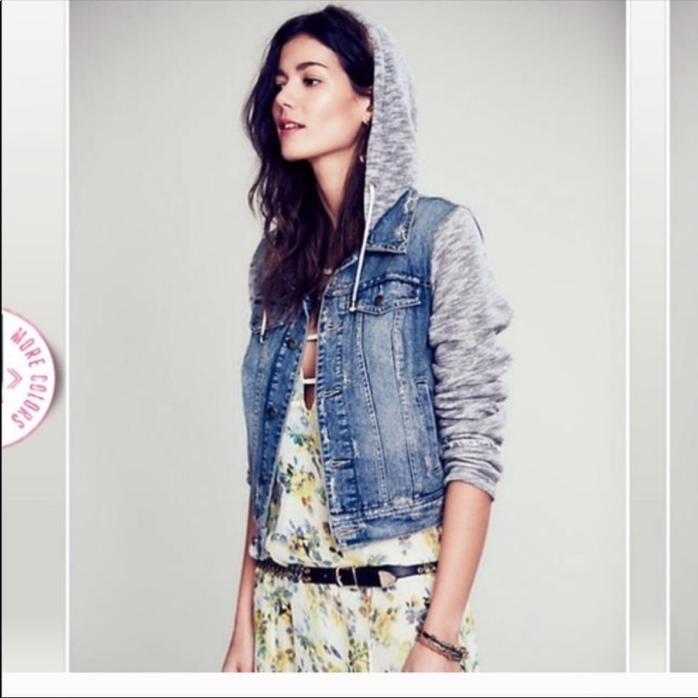 Free people distressed denim jacket with grey sleeves and hood